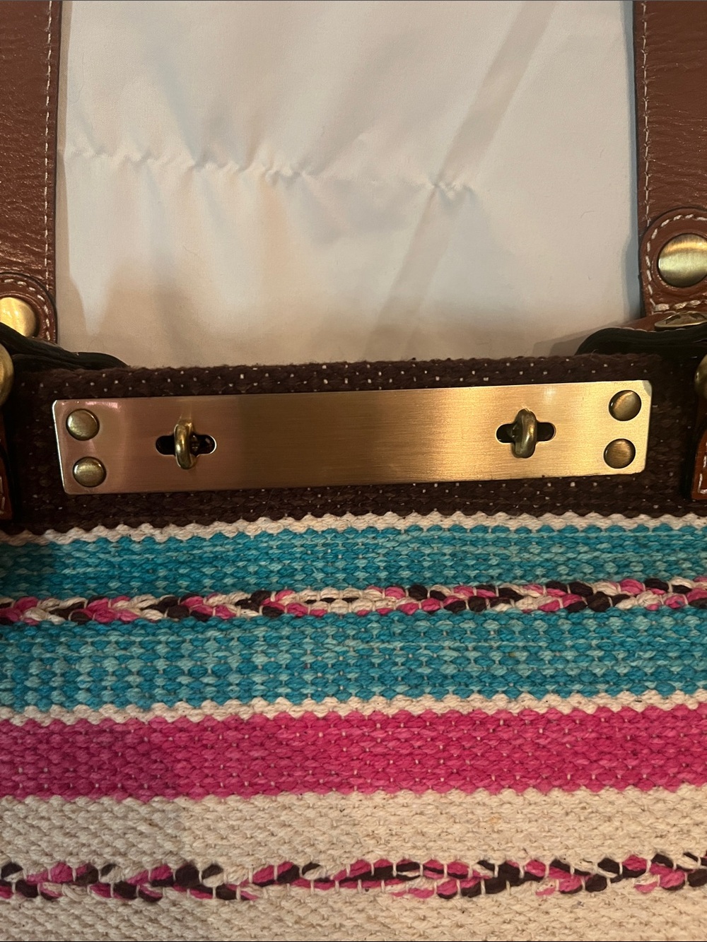 Patricia Nash Pink Turquoise Woven Stripe Tote with Brown Leather Handles - Picture 3 of 15